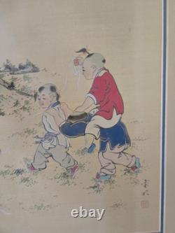 Pair Vtg CHINESE CHILDREN PLAYING ORIGINAL INK COLOR PAINTING ON PAPER SIGNED