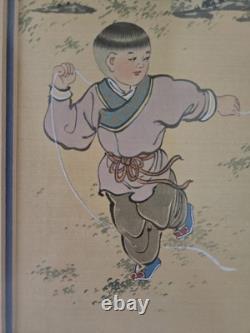 Pair Vtg CHINESE CHILDREN PLAYING ORIGINAL INK COLOR PAINTING ON PAPER SIGNED