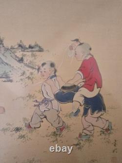 Pair Vtg CHINESE CHILDREN PLAYING ORIGINAL INK COLOR PAINTING ON PAPER SIGNED
