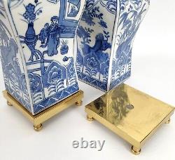 Pair Vtg Chinese Kangxi Emperor Mark Porcelain Blue & White Vases Both Signed