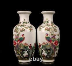 Pair Yongzheng Signed Old Chinese Colour Enamel Vase Withbird N1560