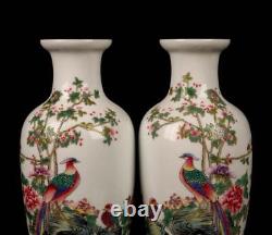 Pair Yongzheng Signed Old Chinese Colour Enamel Vase Withbird N1560