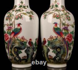 Pair Yongzheng Signed Old Chinese Colour Enamel Vase Withbird N1560