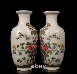 Pair Yongzheng Signed Old Chinese Colour Enamel Vase Withbird N1560