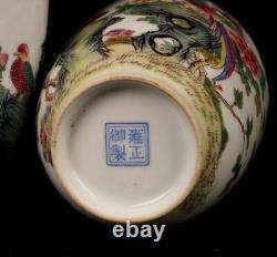 Pair Yongzheng Signed Old Chinese Colour Enamel Vase Withbird N1560