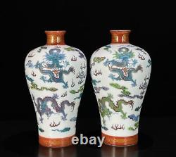 Pair Yongzheng Signed Old Chinese Doucai Vase With dragon N484