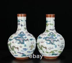 Pair Yongzheng Signed Old Chinese Doucai Vase With dragon N488