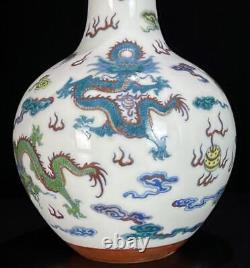 Pair Yongzheng Signed Old Chinese Doucai Vase With dragon N488