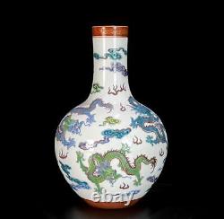 Pair Yongzheng Signed Old Chinese Doucai Vase With dragon N488