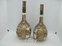 Pair antique Japanese Satsuma bottle neck vases onion shaped signed