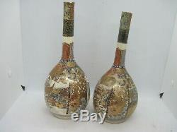 Pair antique Japanese Satsuma bottle neck vases onion shaped signed