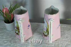 Pair antique Signed Mouzin lecat nimy 1900 porcelain pitcher ewer vase butterfly