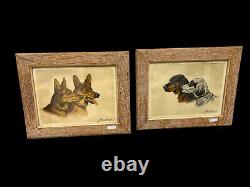 Pair antique engraving portrait frames german sheperd dog pointer signed