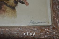 Pair antique engraving portrait frames german sheperd dog pointer signed