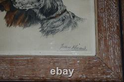 Pair antique engraving portrait frames german sheperd dog pointer signed