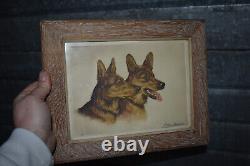 Pair antique engraving portrait frames german sheperd dog pointer signed