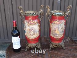 Pair antique french Edouard Gilles Signed faience barbotine Vases Dragons