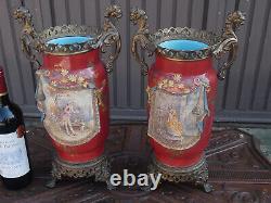 Pair antique french Edouard Gilles Signed faience barbotine Vases Dragons