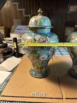 Pair c 1900 Cloisonne Jar With Cover, signed Bottom