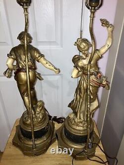 Pair figural Lady/man spelter lamps Auguste Moreau Paris France Signed