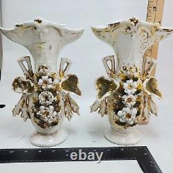 Pair handmade Vase Porcelain Paris Flowers Gilding Napiii stamped 330 signed