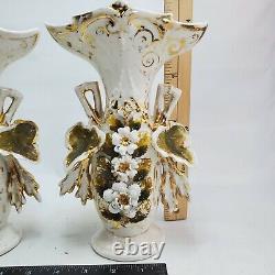 Pair handmade Vase Porcelain Paris Flowers Gilding Napiii stamped 330 signed