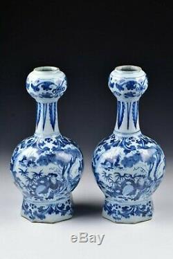 Pair of 17th Century Delft Pottery Garlic Top Vases chinese scenes signed G K