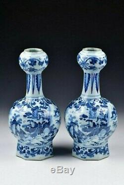 Pair of 17th Century Delft Pottery Garlic Top Vases chinese scenes signed G K