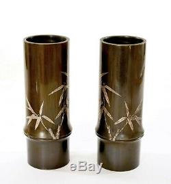 Pair of 1930's Japanese Mixed Metal Bronze Silver Relief Bamboo Vase Bird Signed