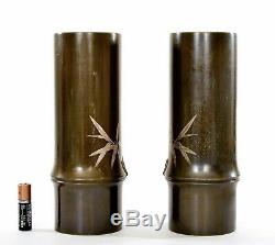 Pair of 1930's Japanese Mixed Metal Bronze Silver Relief Bamboo Vase Bird Signed