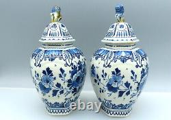 Pair of 19th Century Delft Pottery Lidded Jars Antique Porceleyne Fles Signed