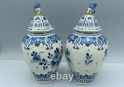 Pair of 19th Century Delft Pottery Lidded Jars Antique Porceleyne Fles Signed