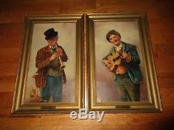 Pair of 19thC Antique Australian MacFarlane Oil Canvas Painting Musicians
