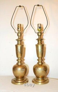 Pair of 2 vintage signed hand engraved Chinese solid brass electric table lamps