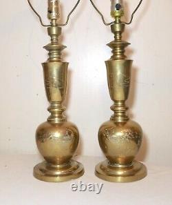 Pair of 2 vintage signed hand engraved Chinese solid brass electric table lamps