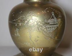 Pair of 2 vintage signed hand engraved Chinese solid brass electric table lamps