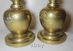 Pair of 2 vintage signed hand engraved Chinese solid brass electric table lamps