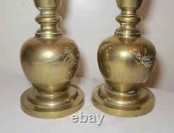 Pair of 2 vintage signed hand engraved Chinese solid brass electric table lamps