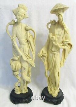 Pair of Antique 20 inch Tall Signed Resin Chinese Male and Female Figurines