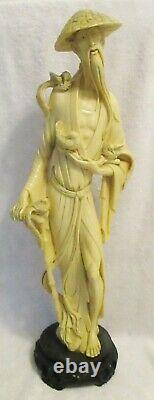Pair of Antique 20 inch Tall Signed Resin Chinese Male and Female Figurines