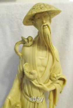 Pair of Antique 20 inch Tall Signed Resin Chinese Male and Female Figurines