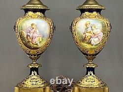 Pair of Antique 28 French Sevres Cobalt Bronze Porcelain Urn Vase Lamps Signed