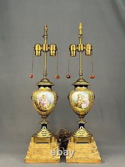 Pair of Antique 28 French Sevres Cobalt Bronze Porcelain Urn Vase Lamps Signed