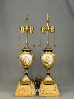 Pair of Antique 28 French Sevres Cobalt Bronze Porcelain Urn Vase Lamps Signed