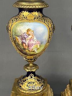 Pair of Antique 28 French Sevres Cobalt Bronze Porcelain Urn Vase Lamps Signed