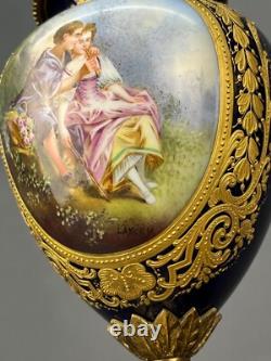 Pair of Antique 28 French Sevres Cobalt Bronze Porcelain Urn Vase Lamps Signed
