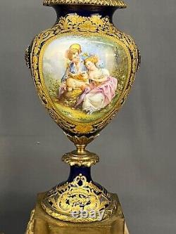 Pair of Antique 28 French Sevres Cobalt Bronze Porcelain Urn Vase Lamps Signed