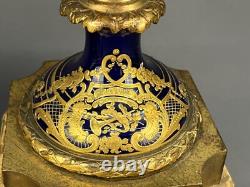Pair of Antique 28 French Sevres Cobalt Bronze Porcelain Urn Vase Lamps Signed