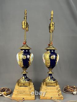 Pair of Antique 28 French Sevres Cobalt Bronze Porcelain Urn Vase Lamps Signed