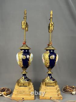 Pair of Antique 28 French Sevres Cobalt Bronze Porcelain Urn Vase Lamps Signed